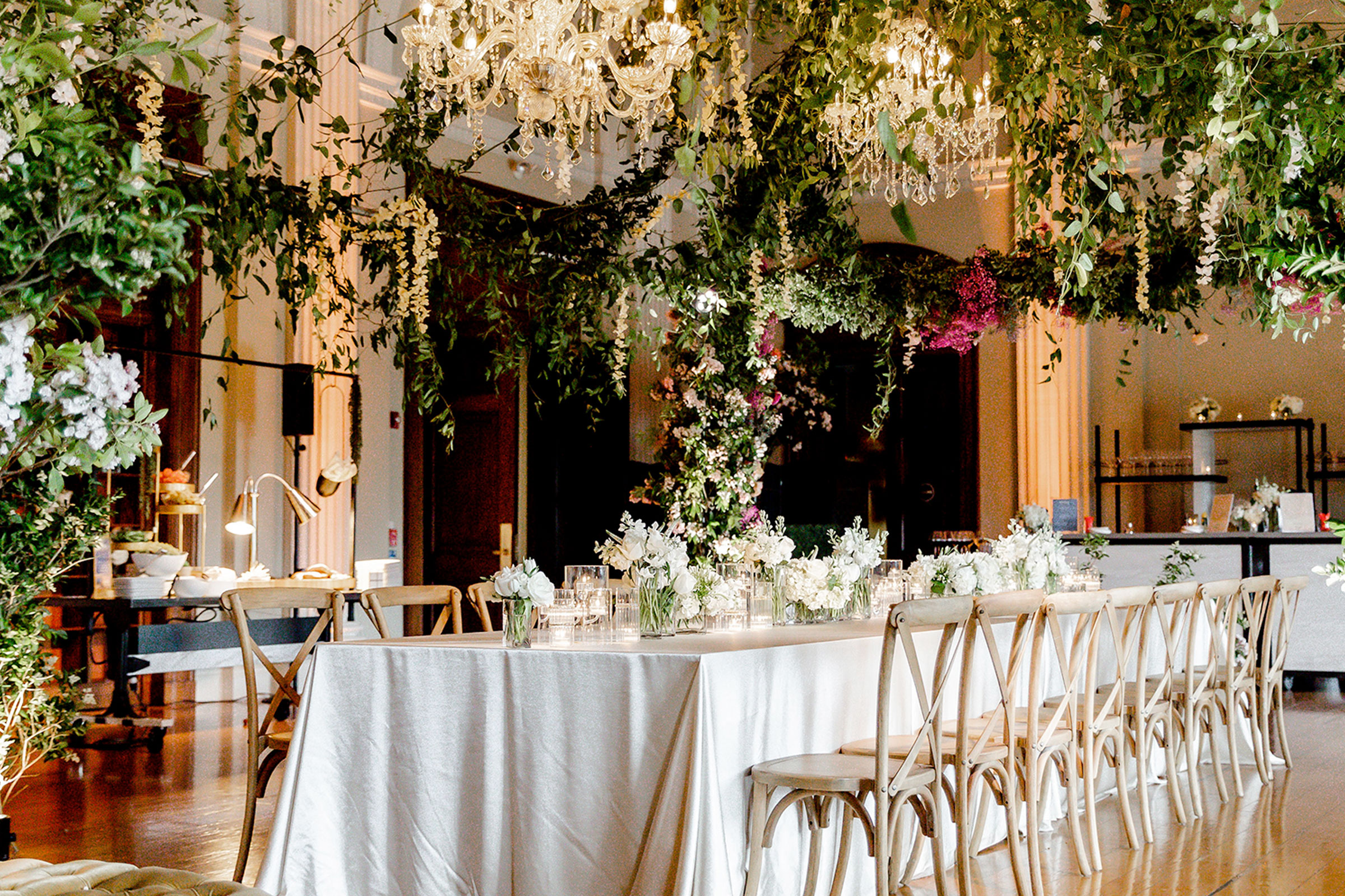 decorated banquet tables in Pepper Hall